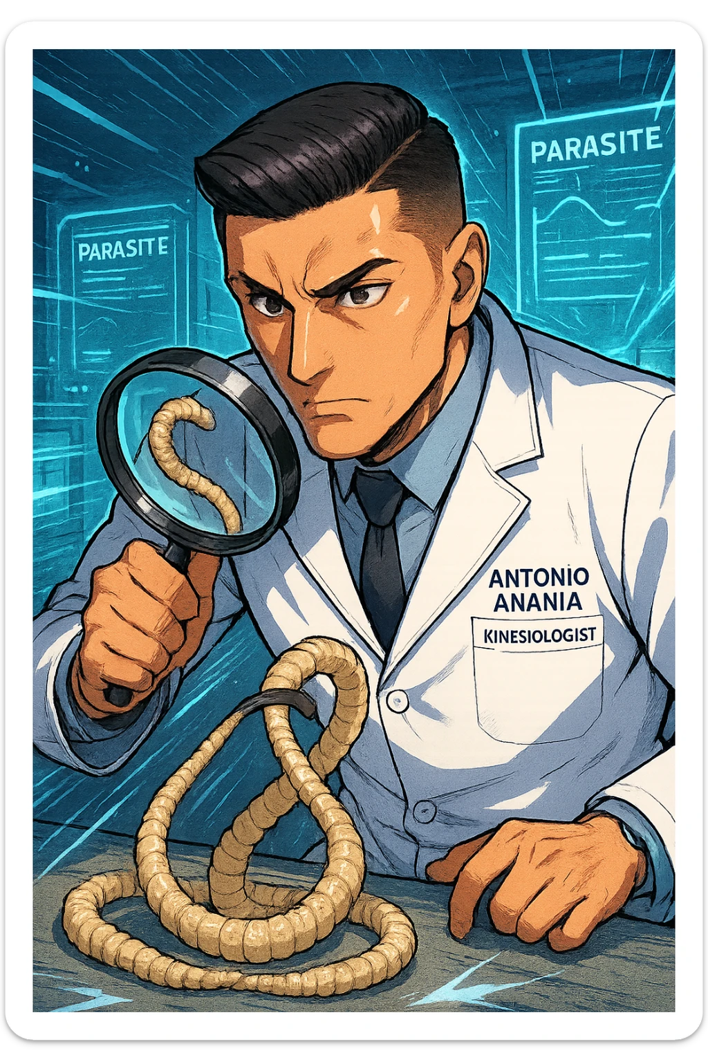 A dynamic manga/webtoon-style illustration of a young male kinesiologist wearing a clean white lab coat, analyzing light beige worms like a tapeworm under a magnifying glass. His expression is focused and slightly intrigued, with sharp, detailed eyes. The art style is vibrant, with bold linework, rich colors, and dramatic lighting. The background is a futuristic laboratory with glowing holographic screens displaying parasite data. The tapeworm is intricately drawn, slimy and segmented, with a slightly exaggerated yet realistic texture. The composition is dynamic, with motion lines or energy effects to emphasize his scientific investigation. The atmosphere is intense but not dark, keeping a balance between scientific seriousness and stylish manga aesthetics, he has "ANTONIO ANANIA" WRITTEN ON WHITE LAB COAT sticker