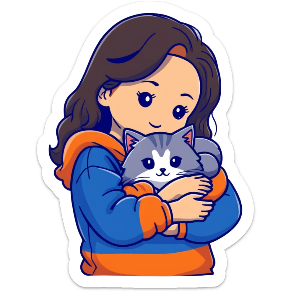 Brunette girl with dark blue sweatshirt snuggling a fluffy grey Siberian cat sticker