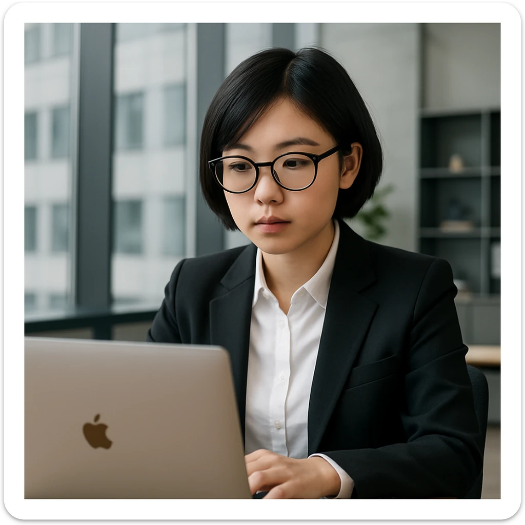Asian girl with black short hair, wearing glasses, working on a Mac laptop, dressed in a suit, professional setting sticker