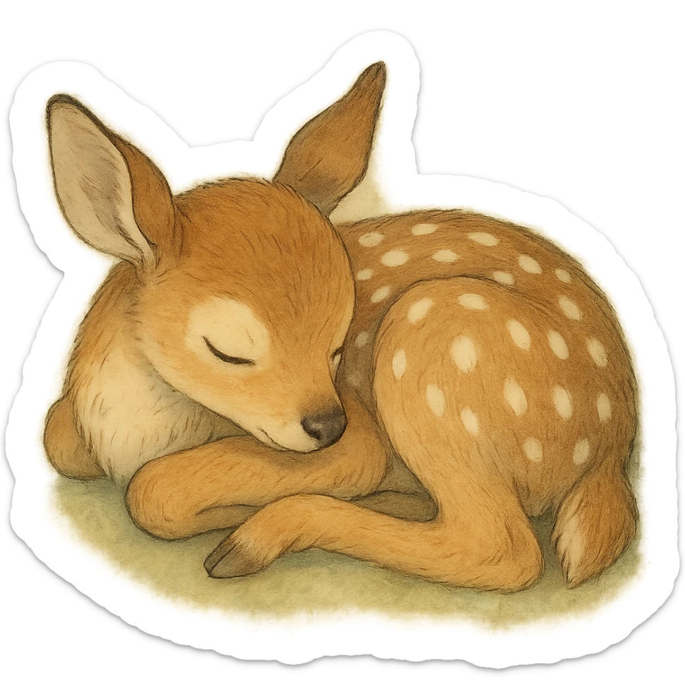 realistic baby fawn curled up sleeping, natural colors, soft, fairy-like atmosphere, no background, square size sticker