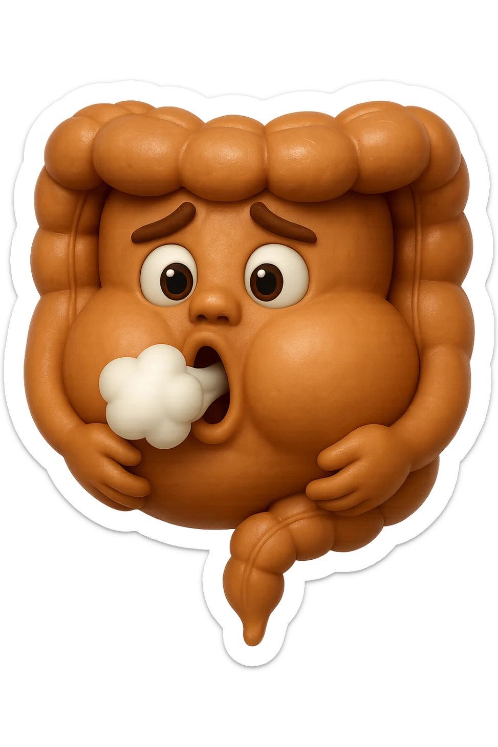 emoji stile iphone di un intestino che ingoia una nuvoletta di aria ben visibile e gli si gonfia la pancia, iperrealistico 4k sticker