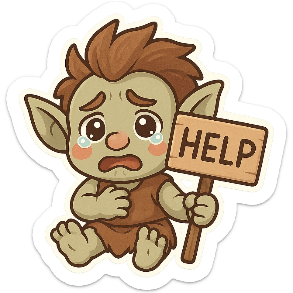 animated emoji of a troll holding a help sign, desperate expression, cute and approachable sticker