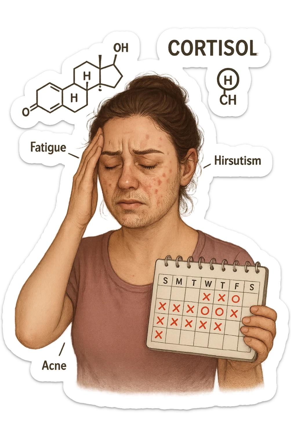 realistic and symbolic representation of elevated cortisol in a woman with PCOS, symptoms include stress, fatigue, acne, hirsutism, irregular cycle, graphic elements representing cortisol hormone, no background, 2:3 aspect ratio sticker