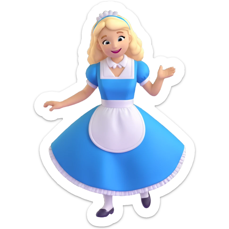 Disney's Alice in Wonderland with a big smile while curtseying in her blue dress with white apron sticker