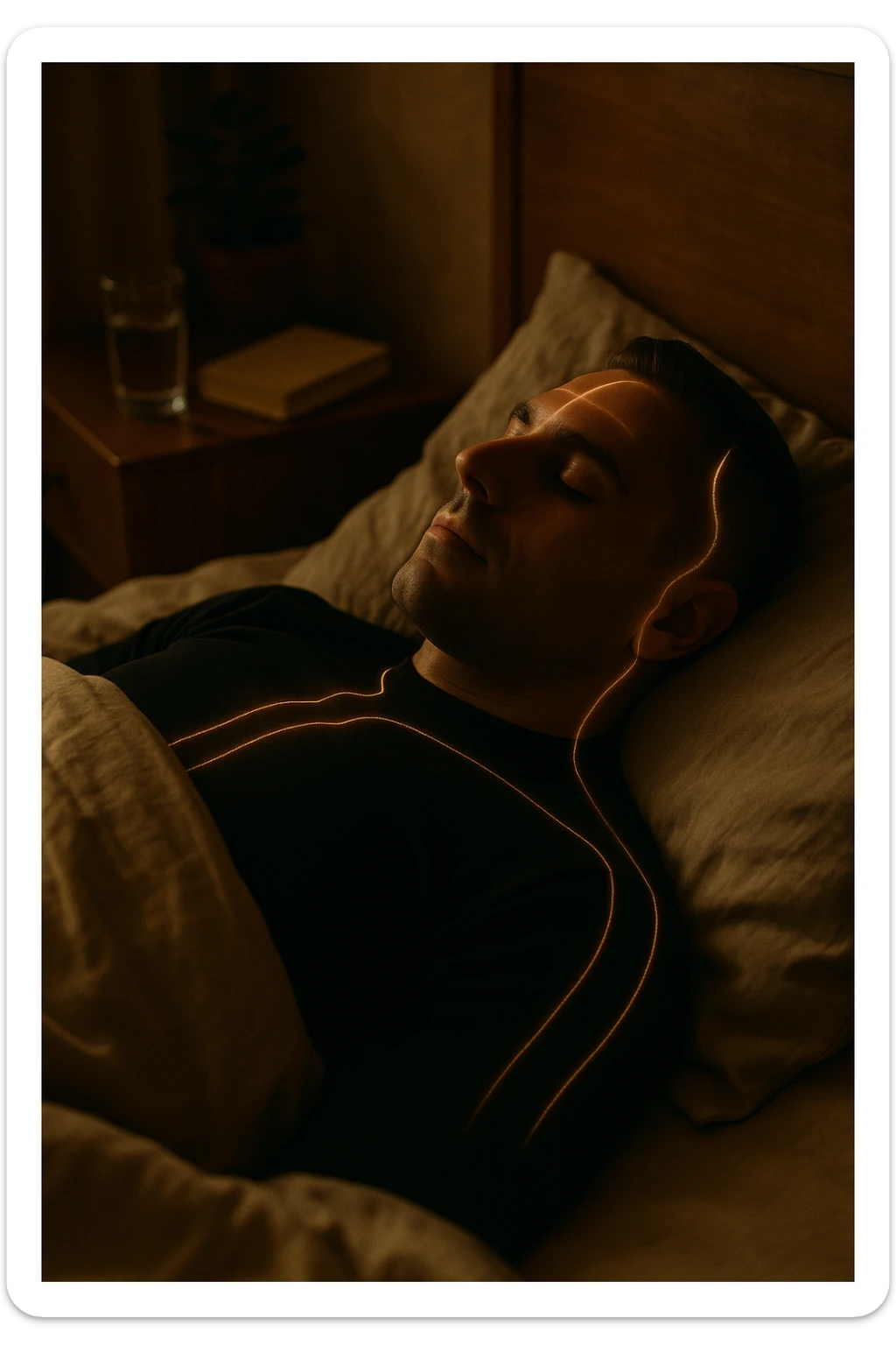 A cinematic close-up of a man in his early 30s sleeping peacefully on his back in a softly lit bedroom. His breathing is calm, chest rising slowly. The sheets are slightly crumpled, natural linen textures in warm beige tones. His face is relaxed, with faint light illuminating the side of his cheek and temple from a nearby window. Around his body, faint glowing lines follow the spine and head, symbolizing deep nervous system recovery and hormonal balance. On the nightstand: a glass of water, a book, and no electronics. The room is quiet and grounded, with natural elements like a small plant and a wooden headboard. Shot in 35mm cinematic style, with warm ambient tones, shallow depth of field, and a peaceful, healing atmosphere sticker