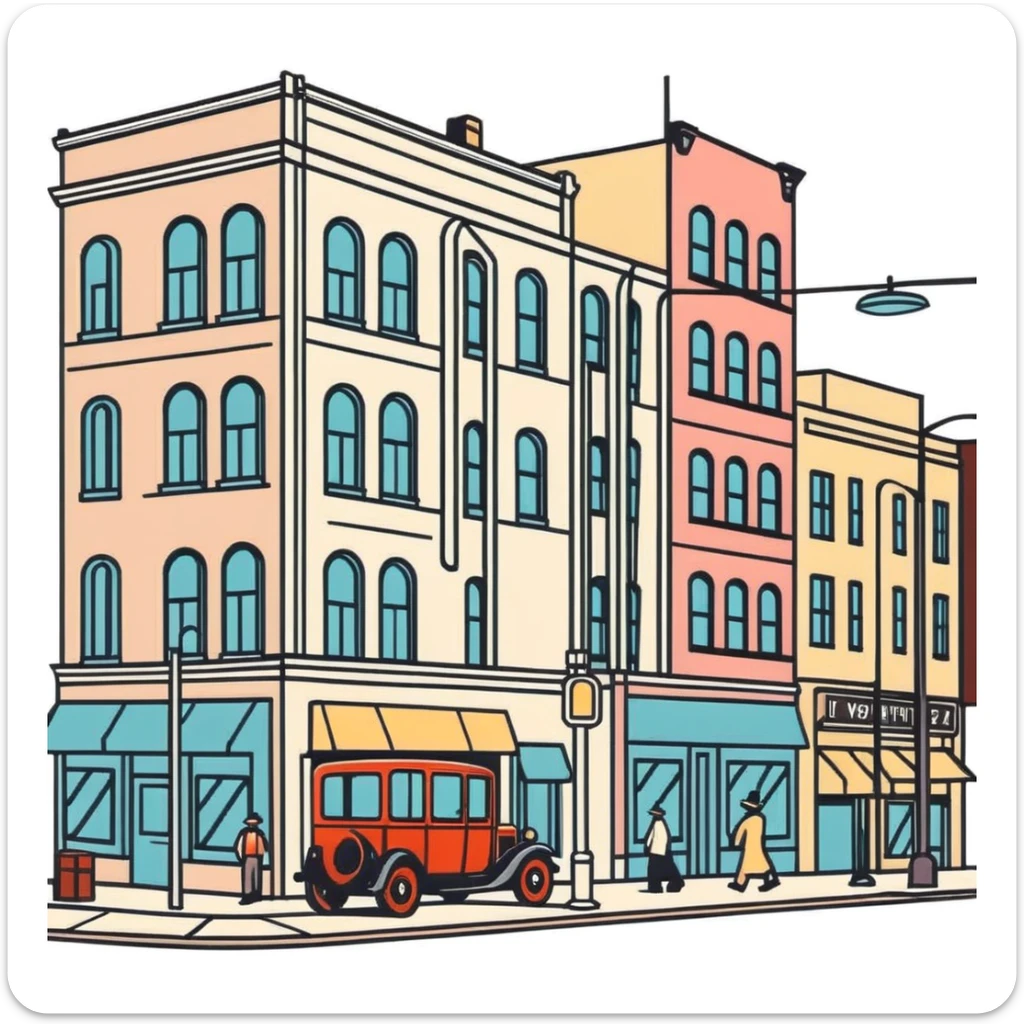 retro 1930s city street scene with anthropomorphised animals in t-shirts and shorts walking, black and white sticker