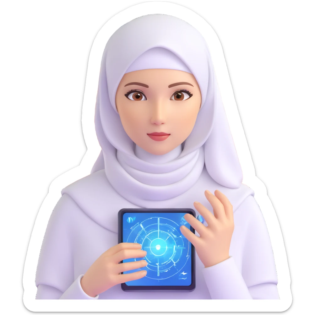woman with white hijab wearing blue outfit, working with futuristic screens showing advanced holographic interfaces, AI visualizations, quantum data patterns, circuit networks, high-tech metaverse elements sticker