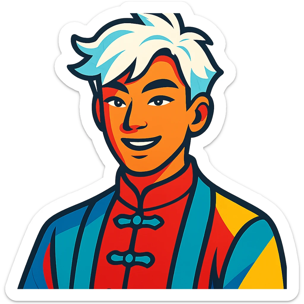 white haired handsome Chinese man in vibrant toon style, colorful and lively sticker