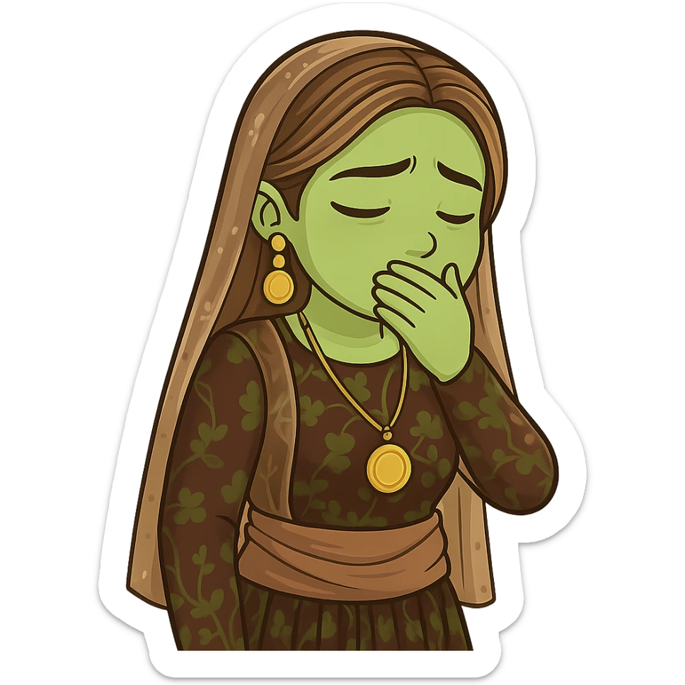 Kurdish cartoon sticker of the same woman in the new dress, feeling nauseous or about to vomit, hand over mouth, greenish face, no text, transparent background sticker