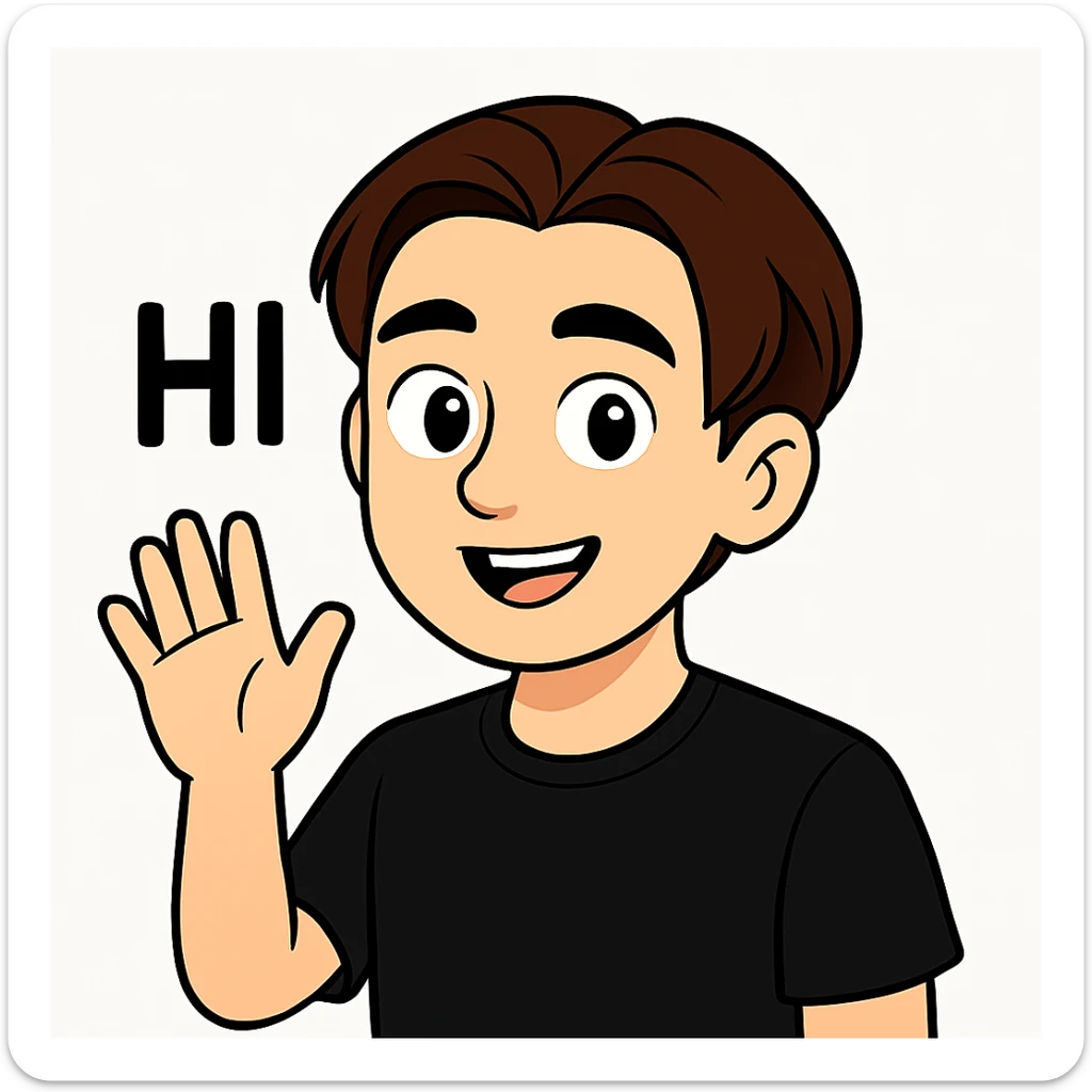 Edit the image of the boy to show him waving with his right hand, smiling, with the text "HI" above his hand. He is wearing a black shirt. Keep the face and style as in the original image. sticker