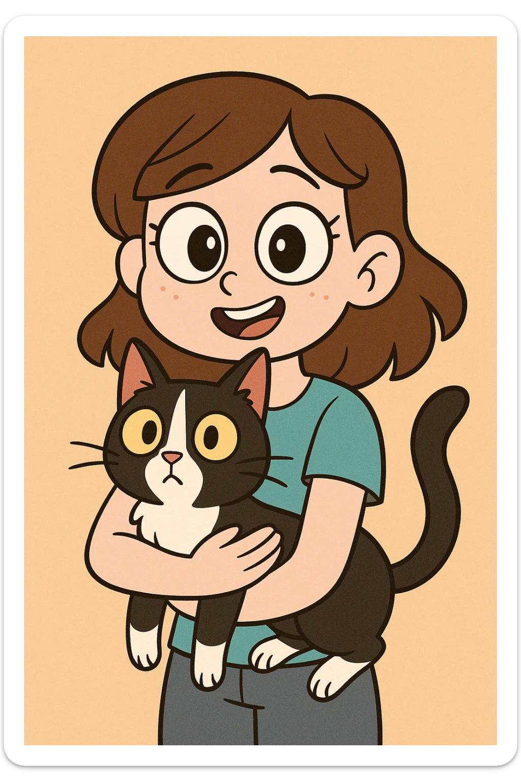 cartoon style portrait of a white-skinned girl with brown hair holding a black and white cat, big eyes, cute and colorful, simple background sticker