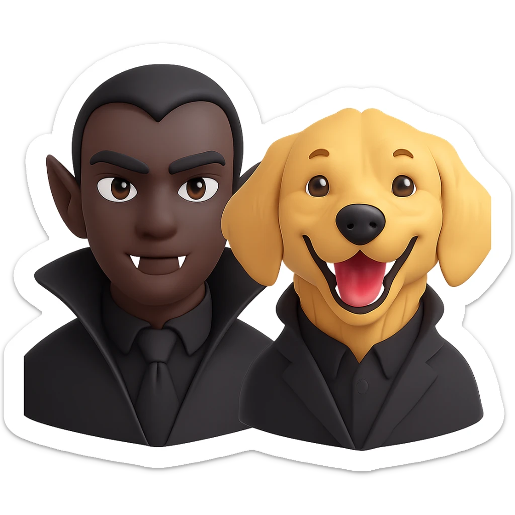 Change the vampire to have brown skin and dress all in black, keep the vampire on the left and the happy golden retriever on the right, preserve the 3D emoji style, keep the background transparent. The style to emulate is 3D emoji style with transparent background. sticker