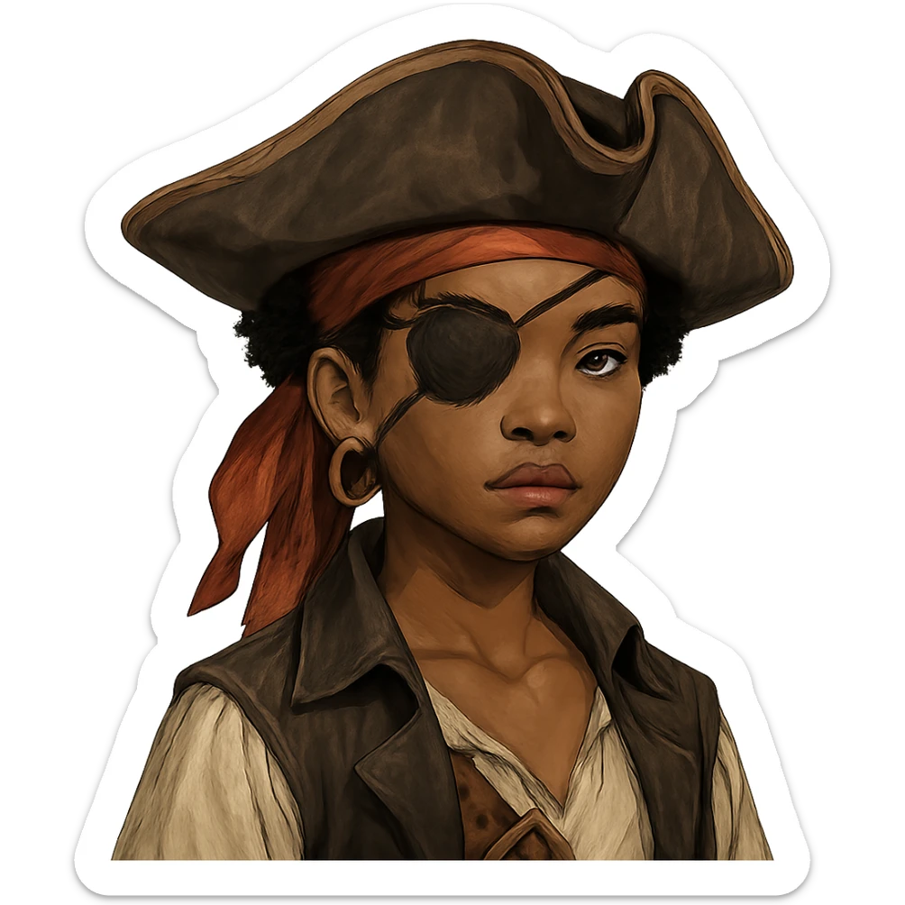 lightskin African American girl pirate with a scar, an eye patch on the right eye, an eyebrow slit, and a small curly black afro sticker
