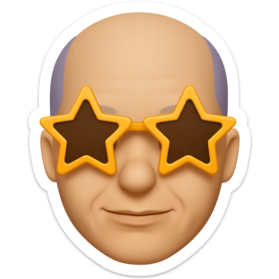 A bald guy wearing star-shaped sunglasses in the style of apple emojis, with no background, clean and crisp apple emoji style look. sticker