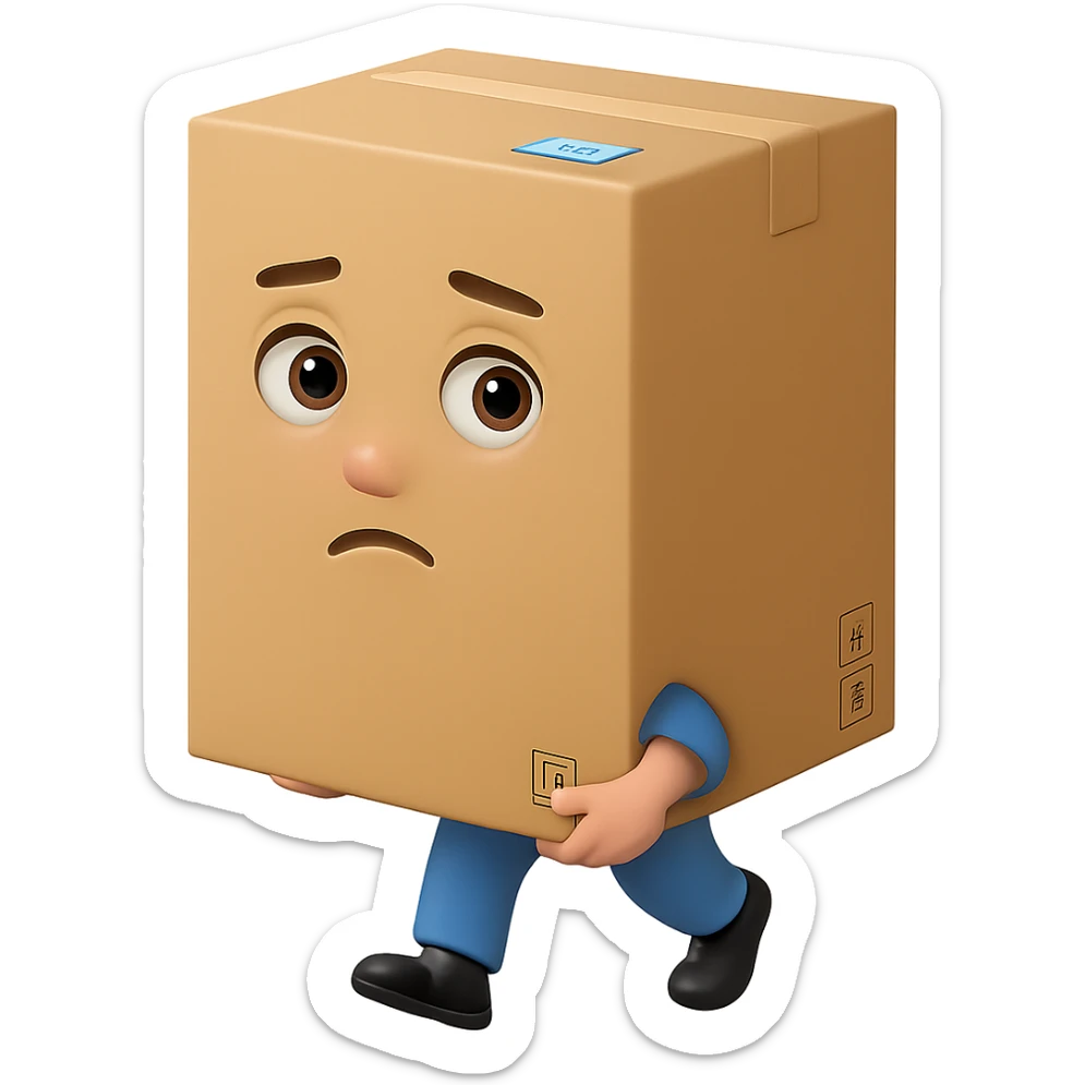 Make the box much larger and more prominent in the hands of the person carrying it, with no background. The style should be consistent with the original image. sticker