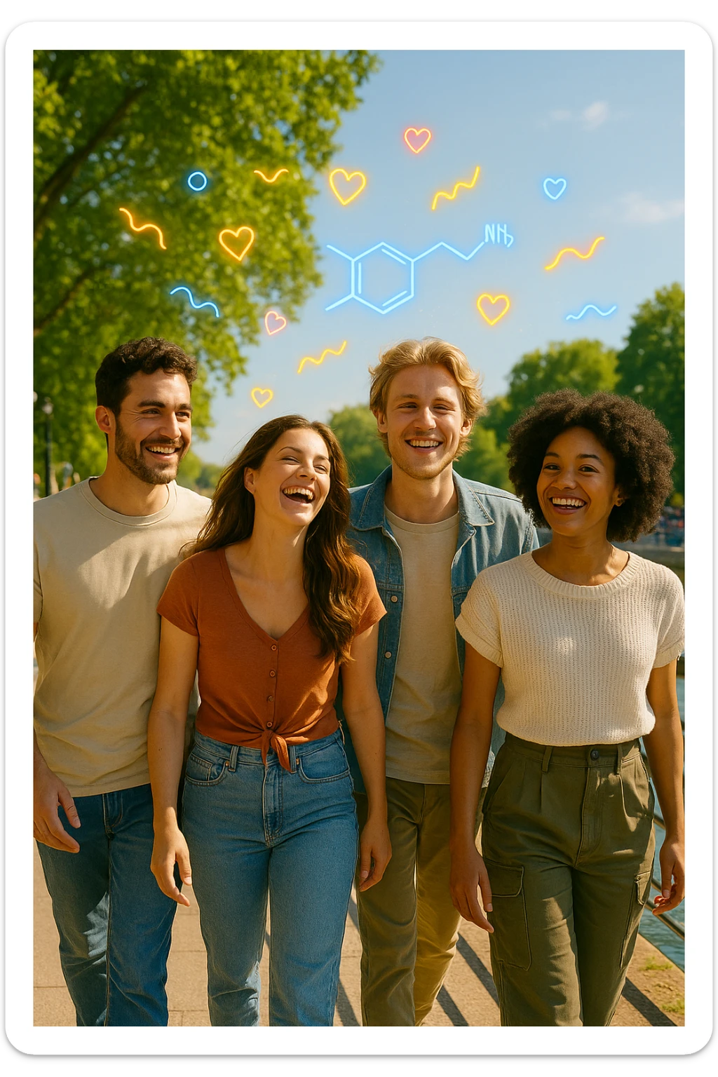 a group of friends strolls along a riverside promenade on a bright, sunny day. Their expressions are joyful and relaxed, and the sunlight creates a warm, golden glow. Above them, faint, colorful lines or icons represent the release of beneficial dopamine. The background is vibrant and full of life. sticker