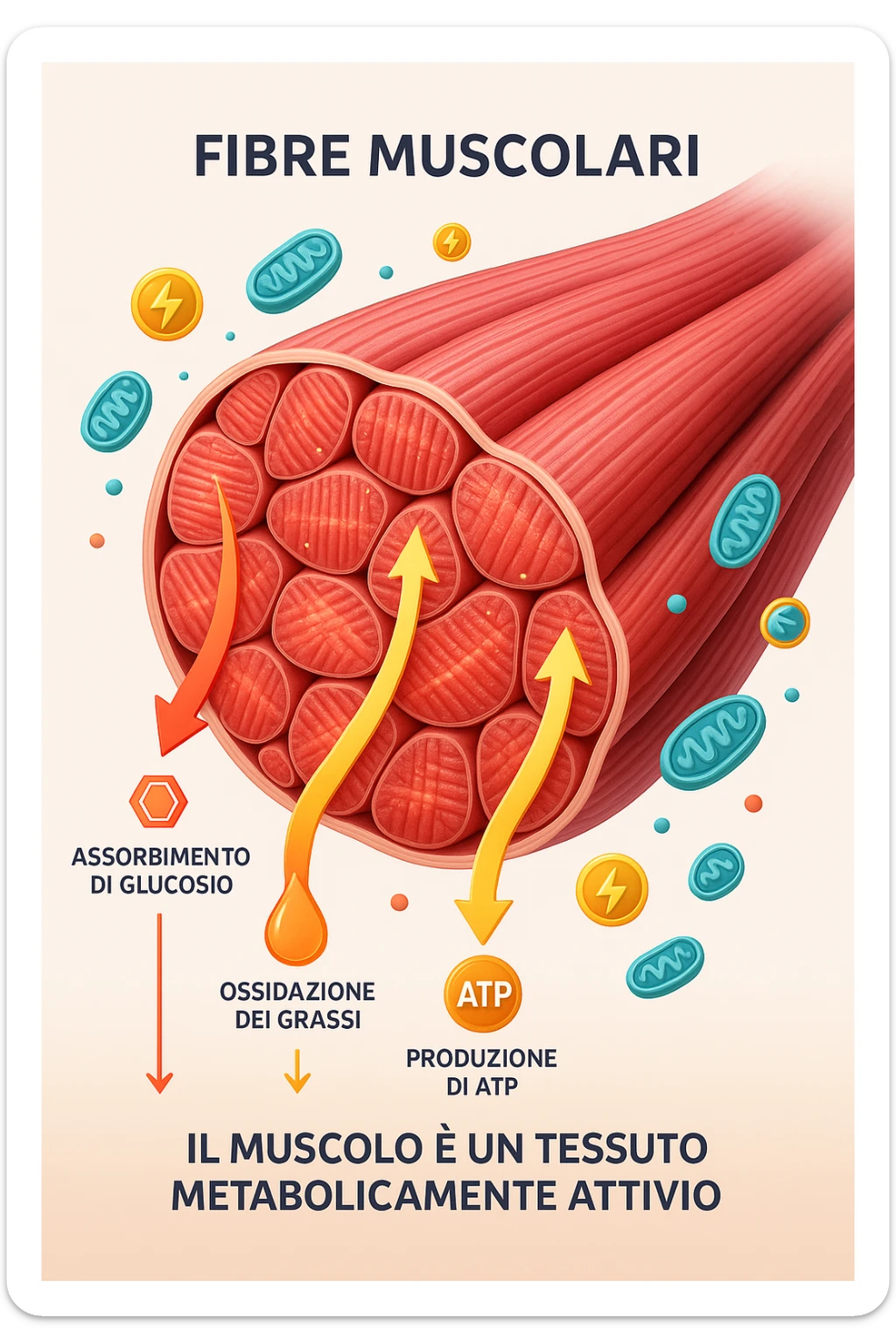 a highly detailed cross-section of human skeletal muscle fibers, shown in vibrant red and pink tones, with visible striations and realistic texture. Glowing arrows and animated icons represent active metabolic processes—such as glucose uptake, fat oxidation, and ATP production—occurring within the muscle tissue. Surrounding the muscle, floating symbols for mitochondria and energy highlight its metabolic activity. The background is clean and clinical, with subtle labels and infographics explaining that muscle is a metabolically active tissue. The overall style is modern, scientific, and visually engaging, suitable for educational or medical use. in italiano sticker