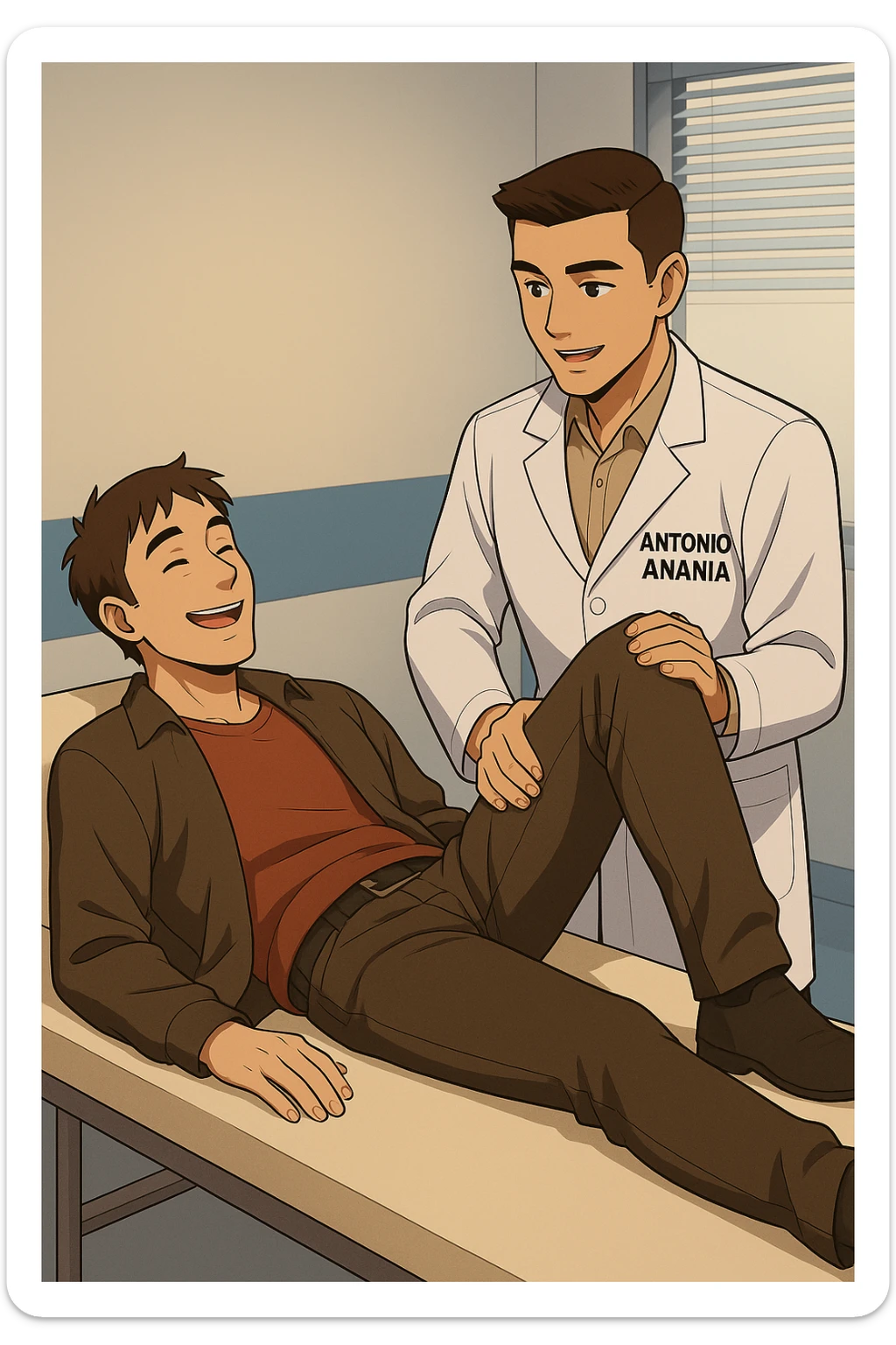 fai un webtoon manga a colori con questo stile, in cui un uomo è steso sul lettino medico e il kinesiologo con il camice bianco (fagli anche la scritta "ANTONIO ANANIA" SUL CAMICE, gli solleva una gamba per fargli il test neuromuscolare, IL KINESIOLOGO SPIEGA ALL'UOMO UNA cosa mentre gli alza la gamba. l'espressione dell'uomo è felice e soddisfatta, non fare i fumetti però, fai solo in modo che sembri stiano parlando, il lettino fai in modo che si veda tutto intero sticker