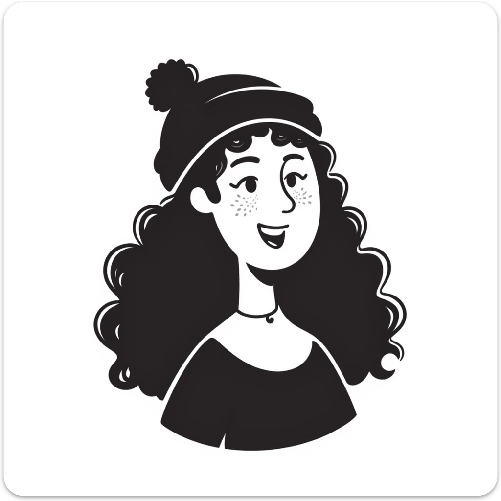 woman with dark curly hair and a beanie sticker