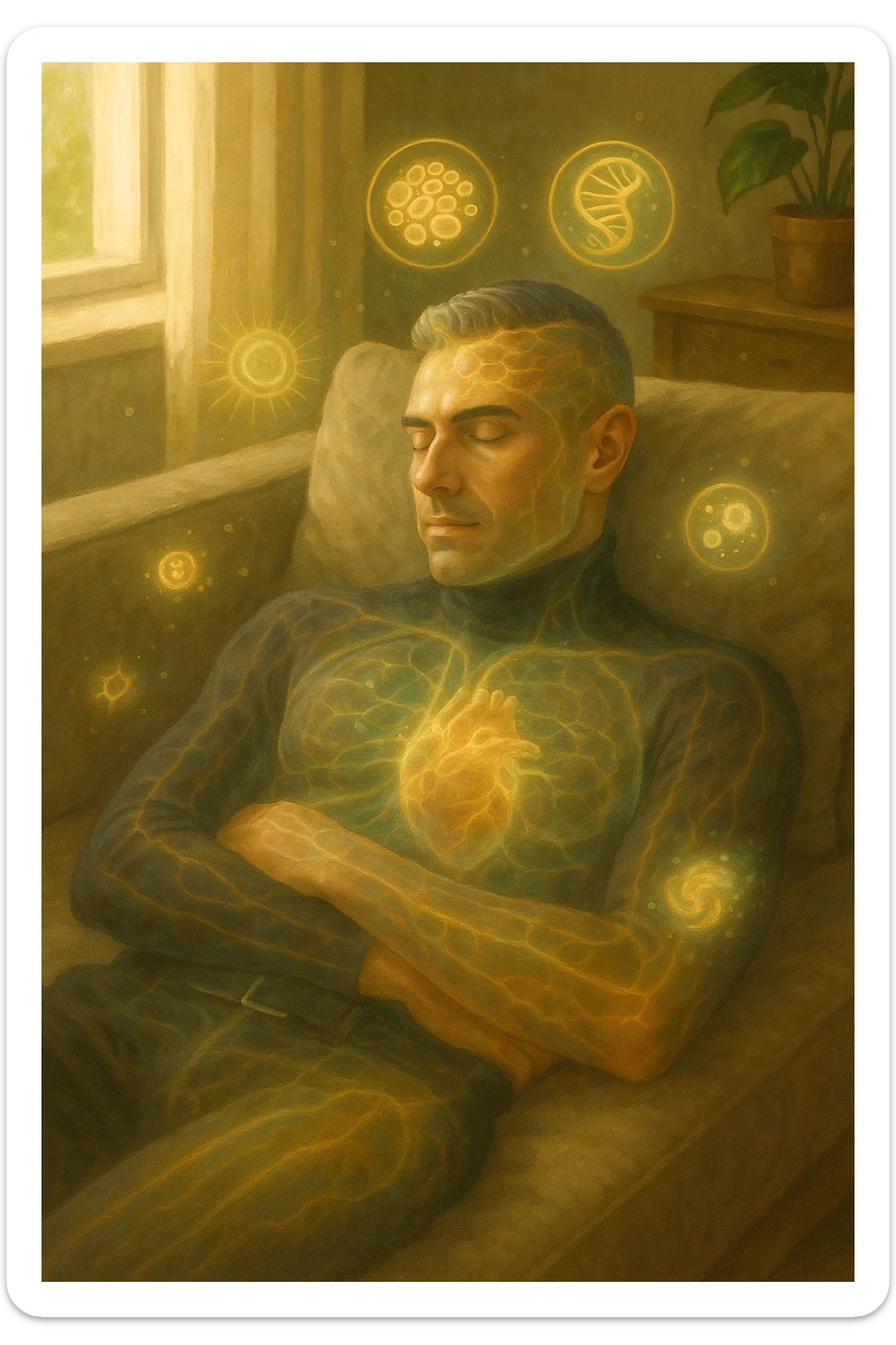 Uomo sdraiato su un divano nel primo pomeriggio, mentre fa un breve riposino. Il suo corpo appare parzialmente trasparente o stilizzato, con luce calda e flussi energetici dorati e verdi che scorrono attraverso muscoli, cervello, e organi. Intorno a lui si vedono piccoli simboli di rigenerazione: cellule che si rinnovano, tessuti che si illuminano, aura rilassata. L'ambiente è calmo e ordinato, luce naturale che entra da una finestra, atmosfera rigenerante, stile realistico con accenti metaforici. sticker