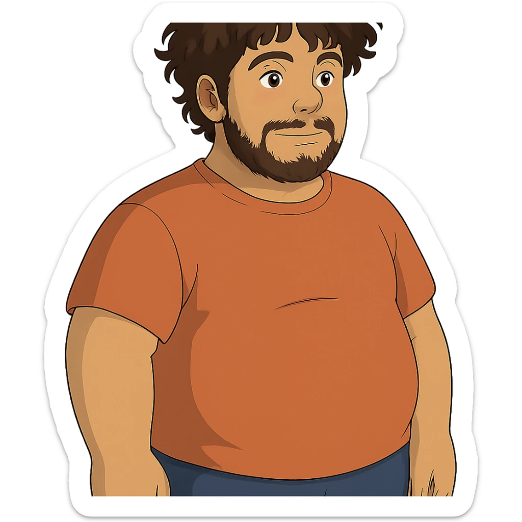 ghibli style tan guy with mid-length brown and black curly hair like LaMelo Ball, beard, chubby build sticker
