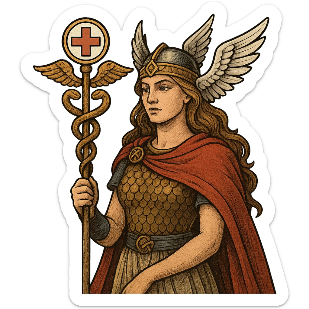 A Valkyrie holding a healing staff, blending Norse mythology with medical symbolism sticker