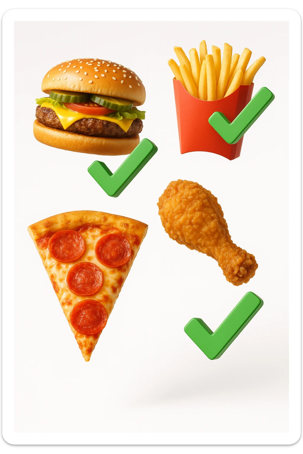 fast food realistico fluttua in aria insieme a spunte di verificato in 3d, sfondo bianco sticker