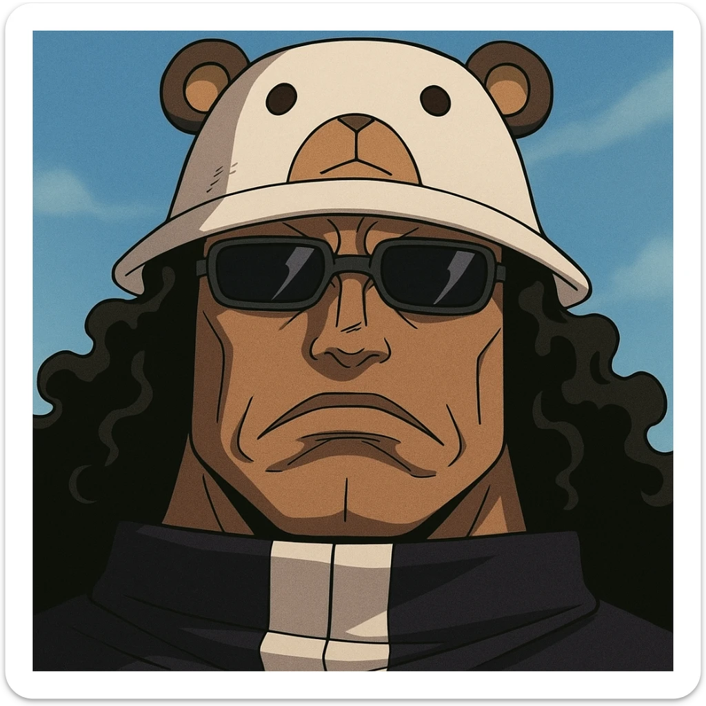 Bartholomew Kuma from One Piece, close-up of face, bear hat, sunglasses, anime style sticker