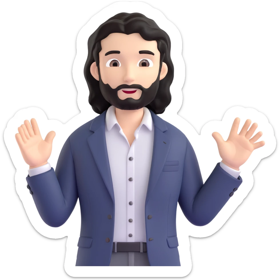 Business strategist man with black wavy hair, stubble, chiseled face, wearing blazer and button-up shirt, standing in front of whiteboard teaching, confident engaging expression sticker