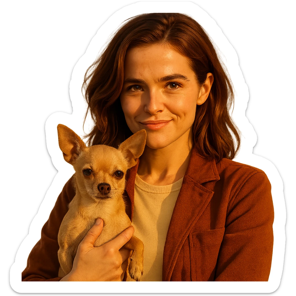 portrait centered of a woman inspired by Zoe Deutch's face, tanned complexion, subtle freckles, playful and determined expression, medium-length brown hair with auburn highlights, wearing a shirt color #FFF8CA and a rust-colored jacket, holding a beige-brown chihuahua, golden hour lighting effect, transparent background, Netflix series style sticker