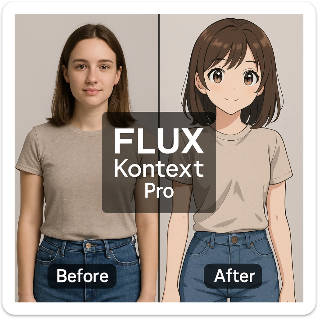 create before after image of a girl before is realsitic photo, after is anime version of her in same pose and clothes, add logo with text of a "FLUX Kontext Pro" sticker
