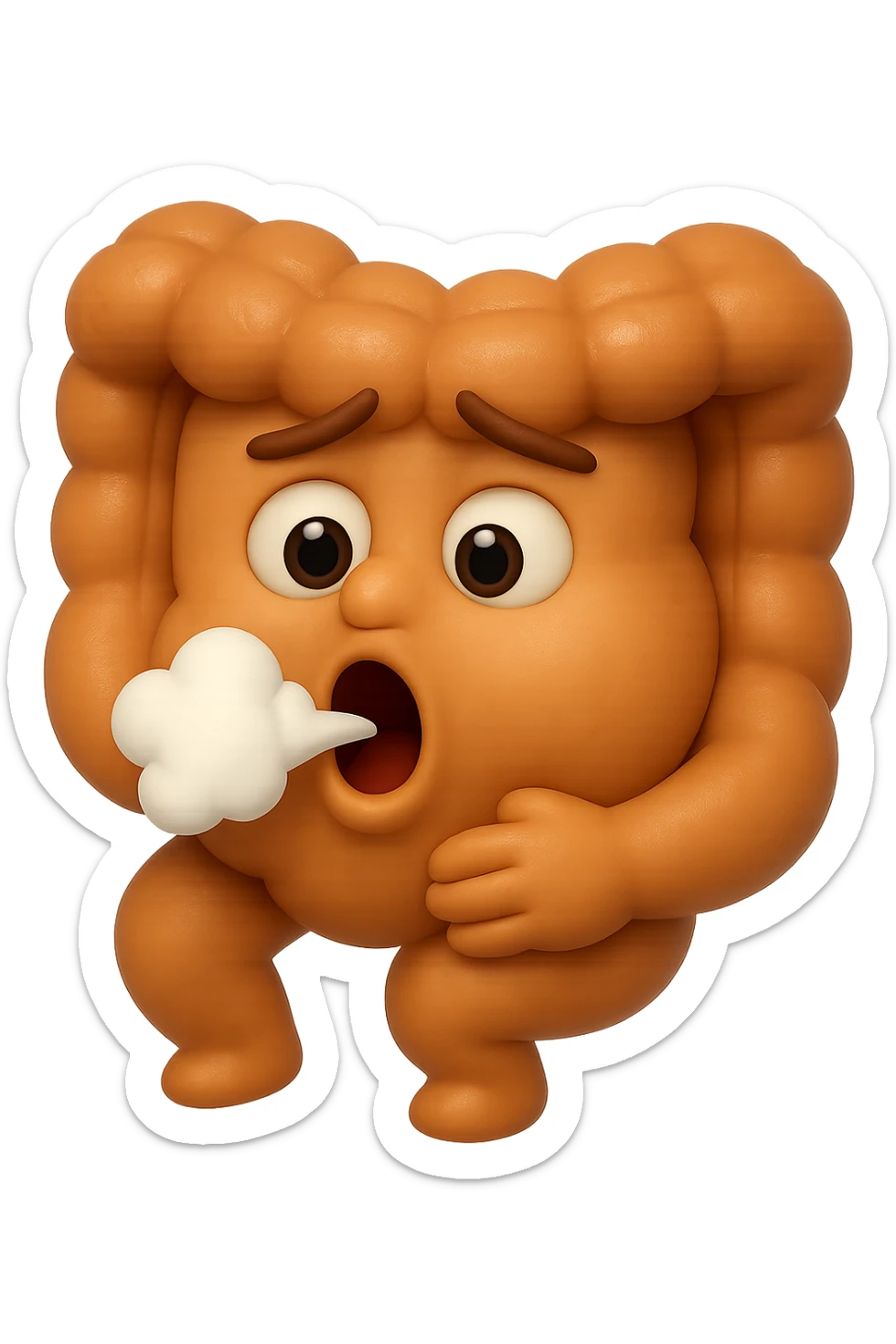 emoji stile iphone di un intestino che ingoia una nuvoletta di aria ben visibile e gli si gonfia la pancia, iperrealistico 4k sticker