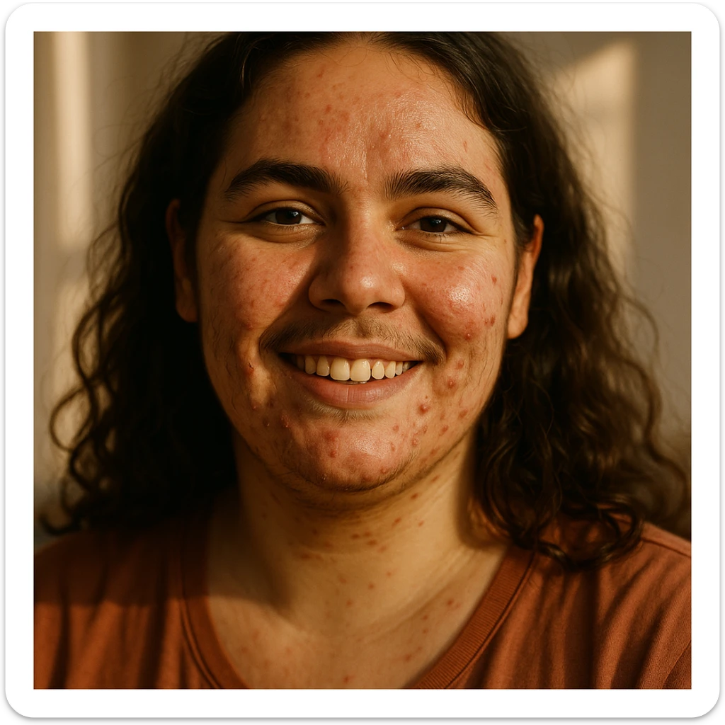 A woman with PCOS smiling confidently, visible facial hair and acne portrayed naturally, soft sunlight highlighting her features, warm tones, intimate portrait photography style, celebrating natural beauty, raw and unfiltered, hyperrealistic 4K sticker