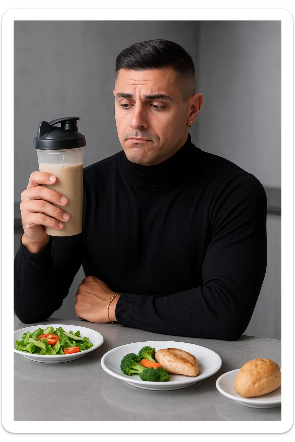 un uomo in abiti da ufficio tiene in mano uno shaker o una bottiglia di sostituto pasto, guardandolo con un’espressione neutra o leggermente indecisa. Sul tavolo davanti a lui ci sono piatti di cibo solido non toccati, come insalata, pollo e pane, a sottolineare la sua scelta di evitare il pasto tradizionale. L’atmosfera è moderna e riflessiva. sticker