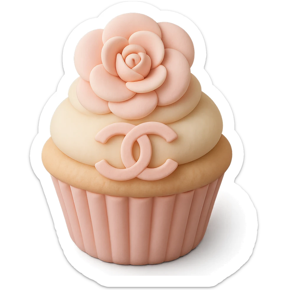 pastel Chanel cupcake with a camellia flower and logo, fondant cake art style sticker
