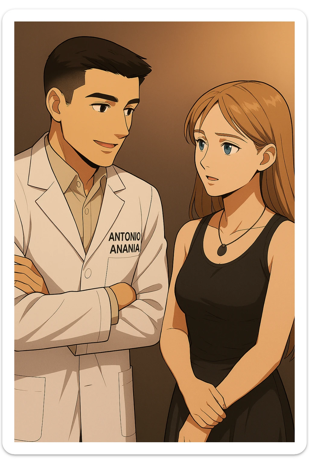 fai un webtoon/manga a colori con questo kinesiologo in camice bianco (fagli la scritta "ANTONIO ANANIA" SUL CAMICE) CHE PARLA CON QUESTA RAGAZZA CON GLI OCCHI AZZURRI. la ragazza gli fa una domanda e IL KINESIOLOGO CON IL CAMICE BIANCO LE risponde. NON FARE I FUMETTI, FAI SOLO LORO COME SE DIALOGASSERO sticker