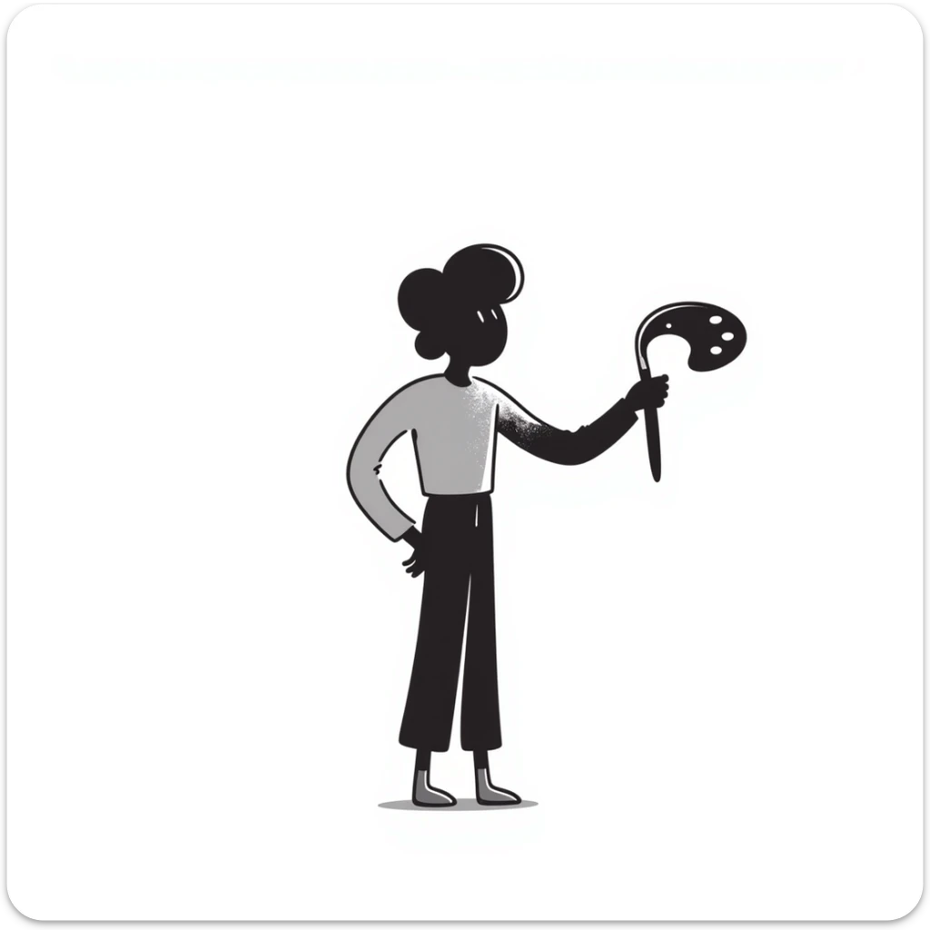 A paintbrush morphing into a metal human figure silhouette, representing artistic identity sticker