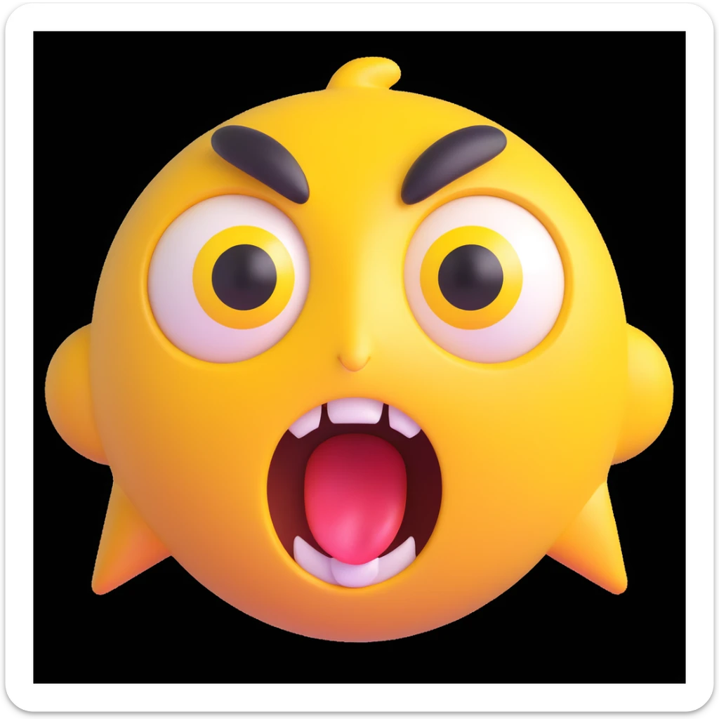 3D rendered emoji of a surprised yellow face, wide eyes and open mouth, high quality photorealistic, smooth shading, intricate details, bright colors, clean background sticker