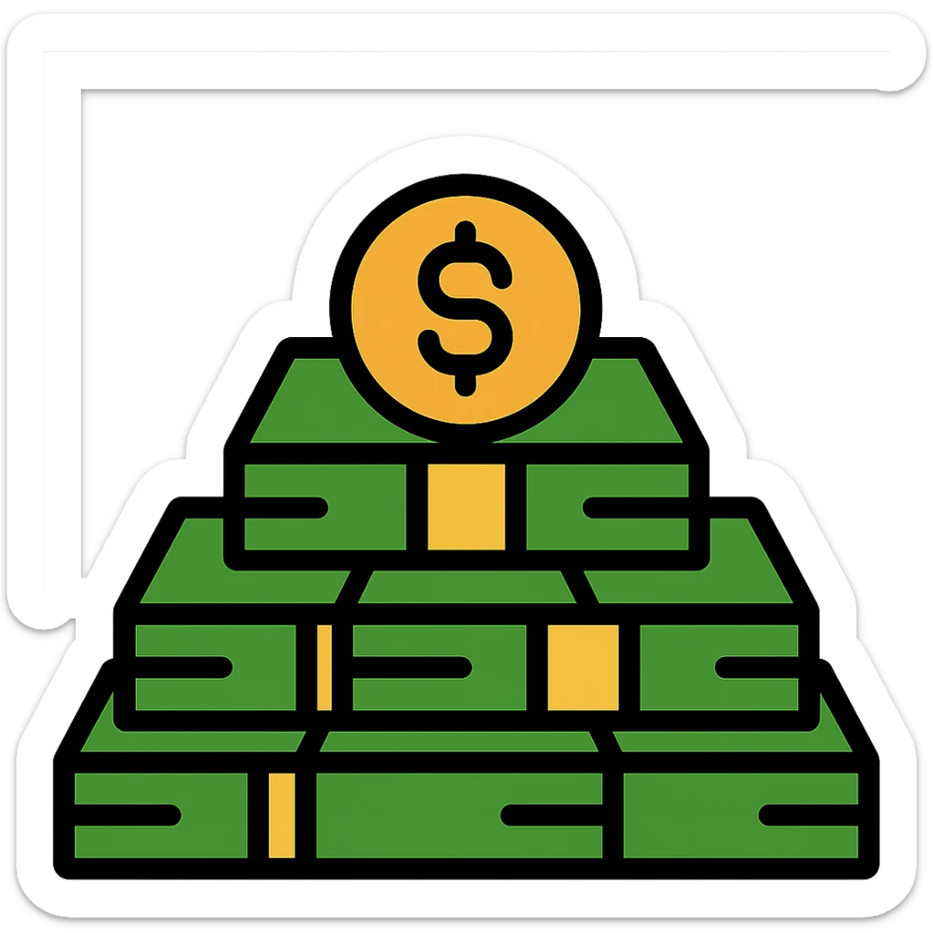 Create a stylized icon of a giant pile of money with clean lines and a modern look, matching the style of the reference image. The icon should have no background (transparent). sticker