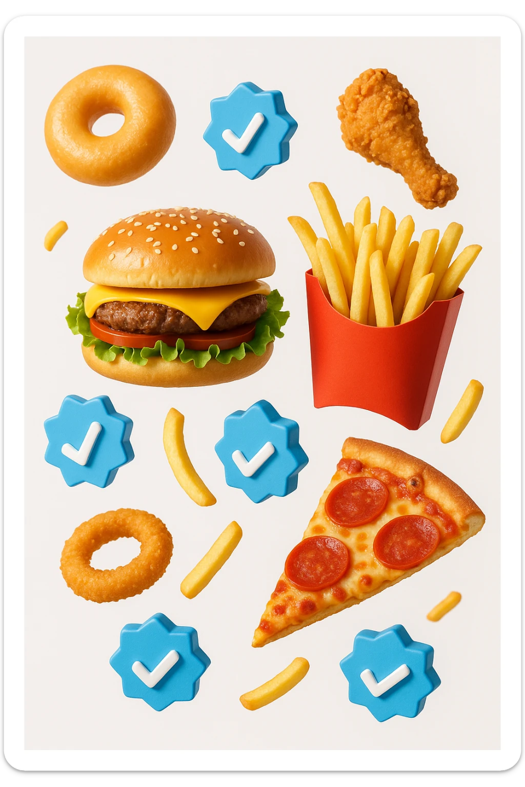 fast food realistico fluttua in aria insieme a spunte di verificato in 3d, sfondo bianco sticker