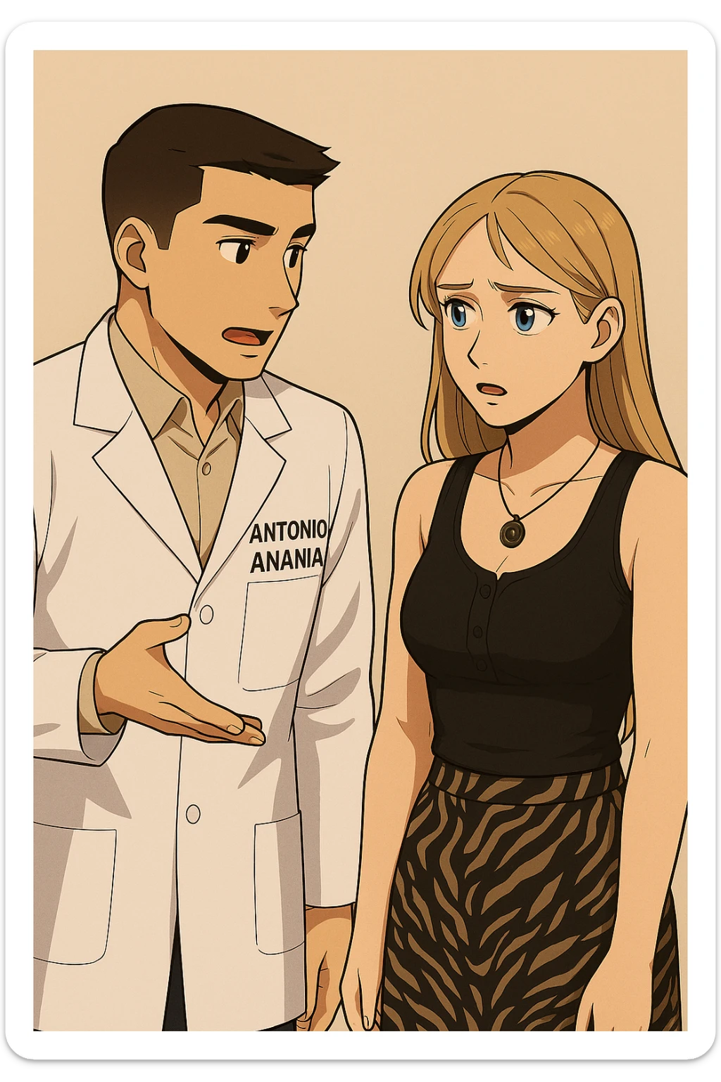 fai un webtoon/manga a colori con questo kinesiologo in camice bianco (fagli la scritta "ANTONIO ANANIA" SUL CAMICE) CHE PARLA CON QUESTA RAGAZZA CON GLI OCCHI AZZURRI. la ragazza gli fa una domanda preoccupata e IL KINESIOLOGO CON IL CAMICE BIANCO LE risponde. NON FARE I FUMETTI, FAI SOLO LORO COME SE DIALOGASSERO sticker