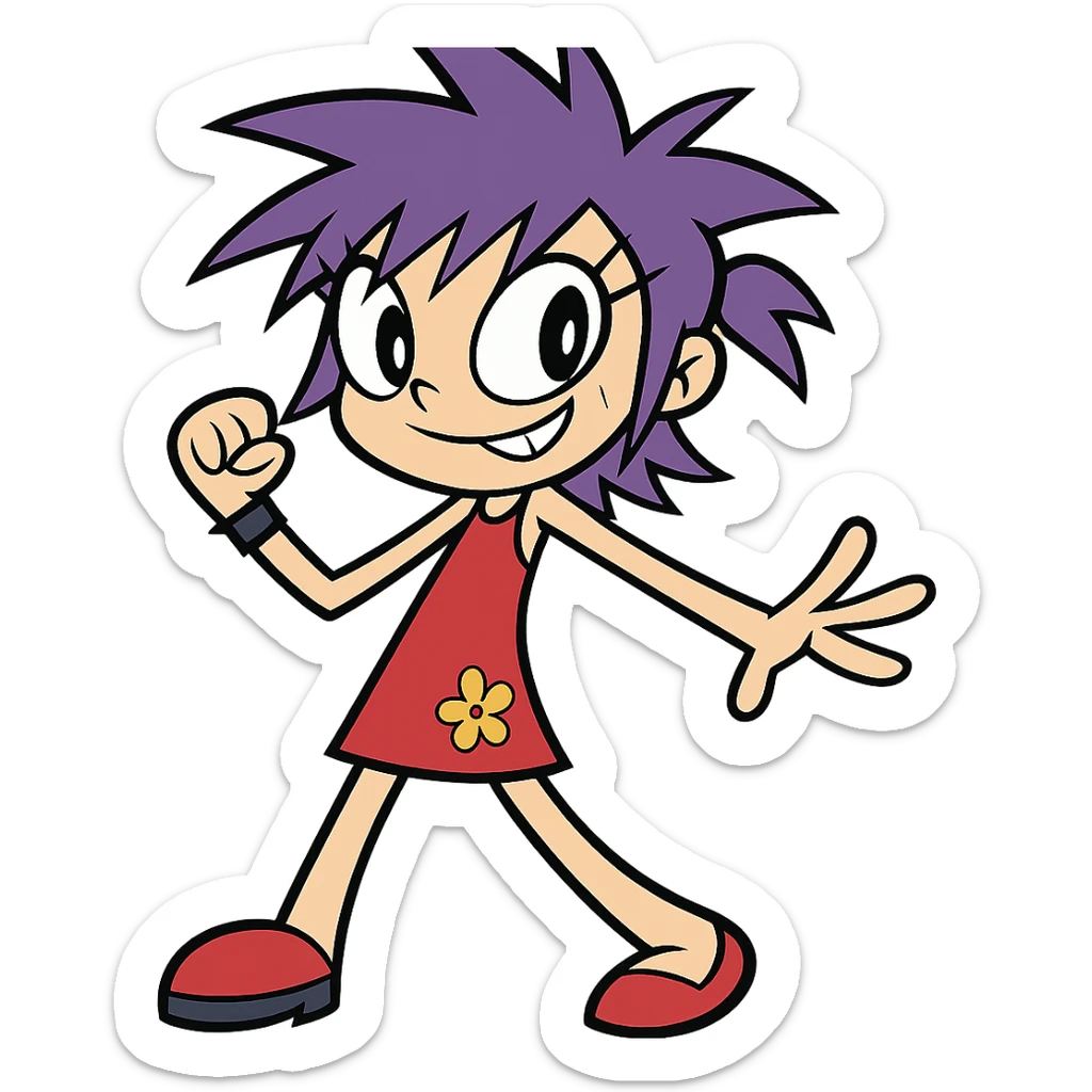 Yumi Yoshimura, cool girl with purple spiky hair, wearing a red dress, inspired by Hi Hi Puffy AmiYumi, confident and playful pose sticker