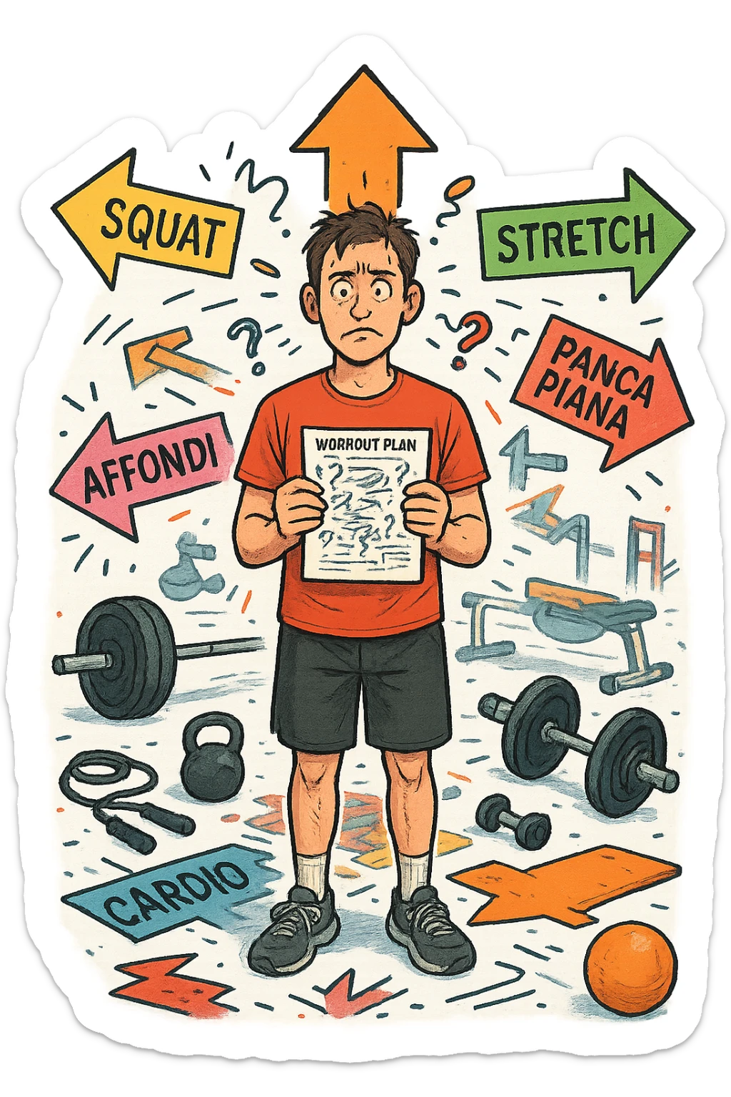 a person stands in the center of a gym, surrounded by arrows pointing in all directions, each labeled with a different exercise (e.g., “squat,” “Salti,” “stretch,” “Panca Piana”). The person looks bewildered, holding a workout plan with scribbles and question marks. The scene is colorful but visually messy, symbolizing confusion. in italiano immagine iperrealistica sticker