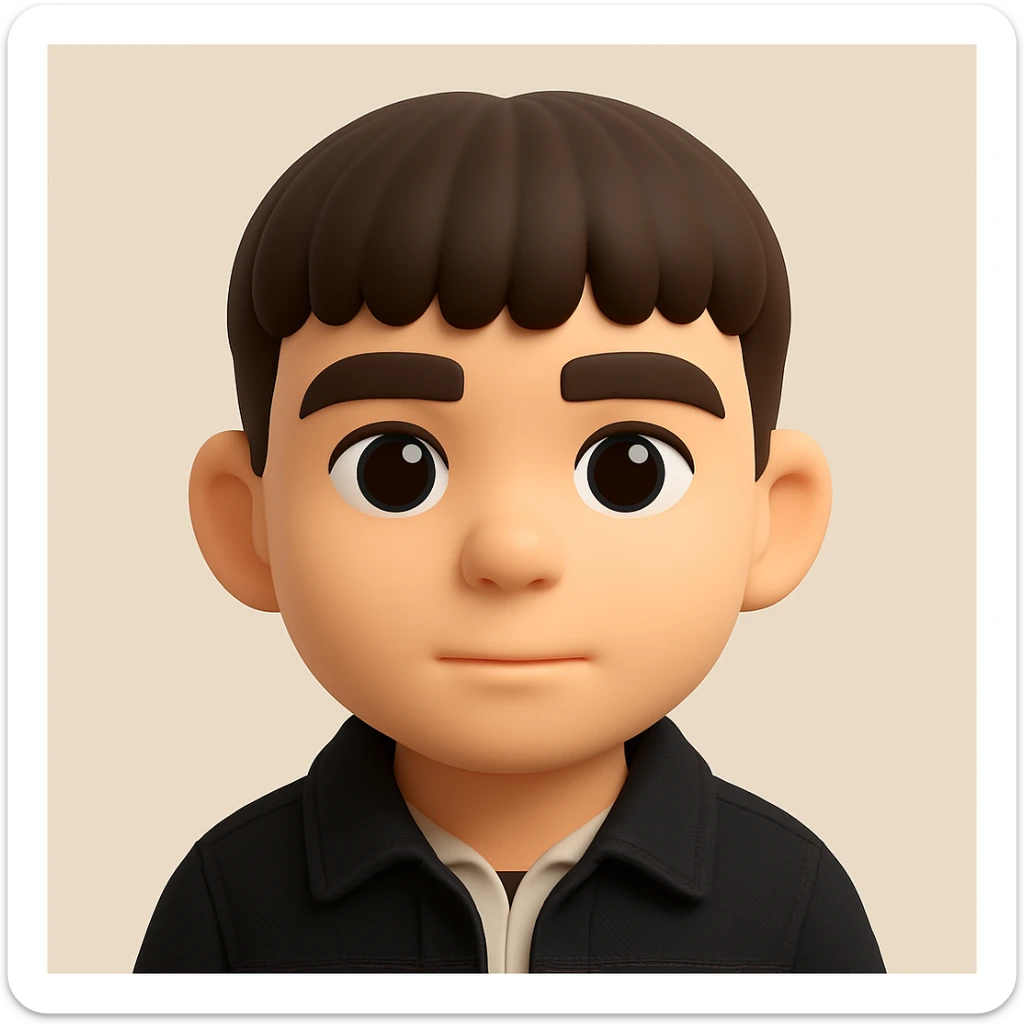 Create a plausible 3D emoji based on the provided photo. Preserve the facial details but remove any pimples and mustache. The character should be wearing a black denim jacket. The style should resemble Microsoft 3D emoji style, capturing the 3D look and feel accurately. sticker