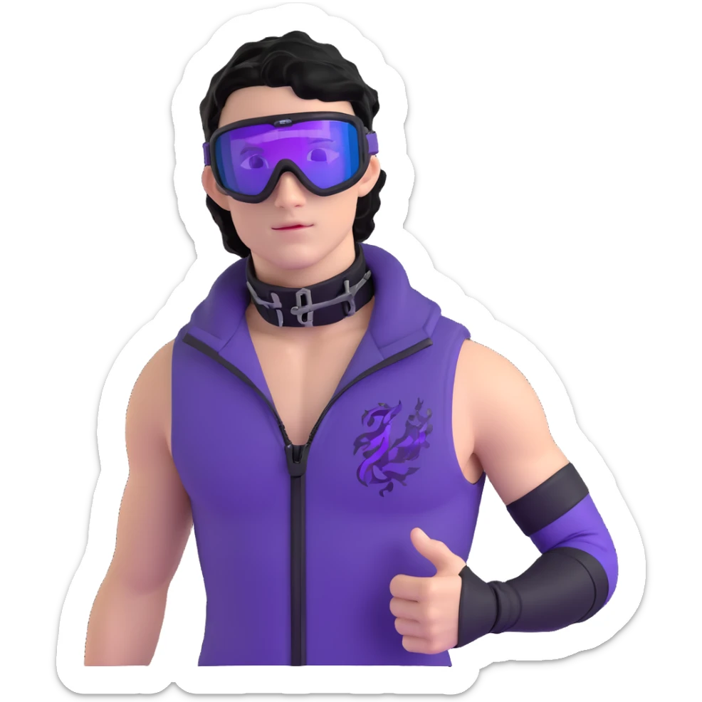 male athlete with white skin and moderately curly black hair on top with shaved sides, wearing ski goggles with purple frames and very dark black lenses, a simple plain black chain necklace, and a completely unzipped sleeveless vest with purple and black sequin fire pattern design with no logo or brand emblem, fully revealing his chest, shoulders and arms, no earrings sticker