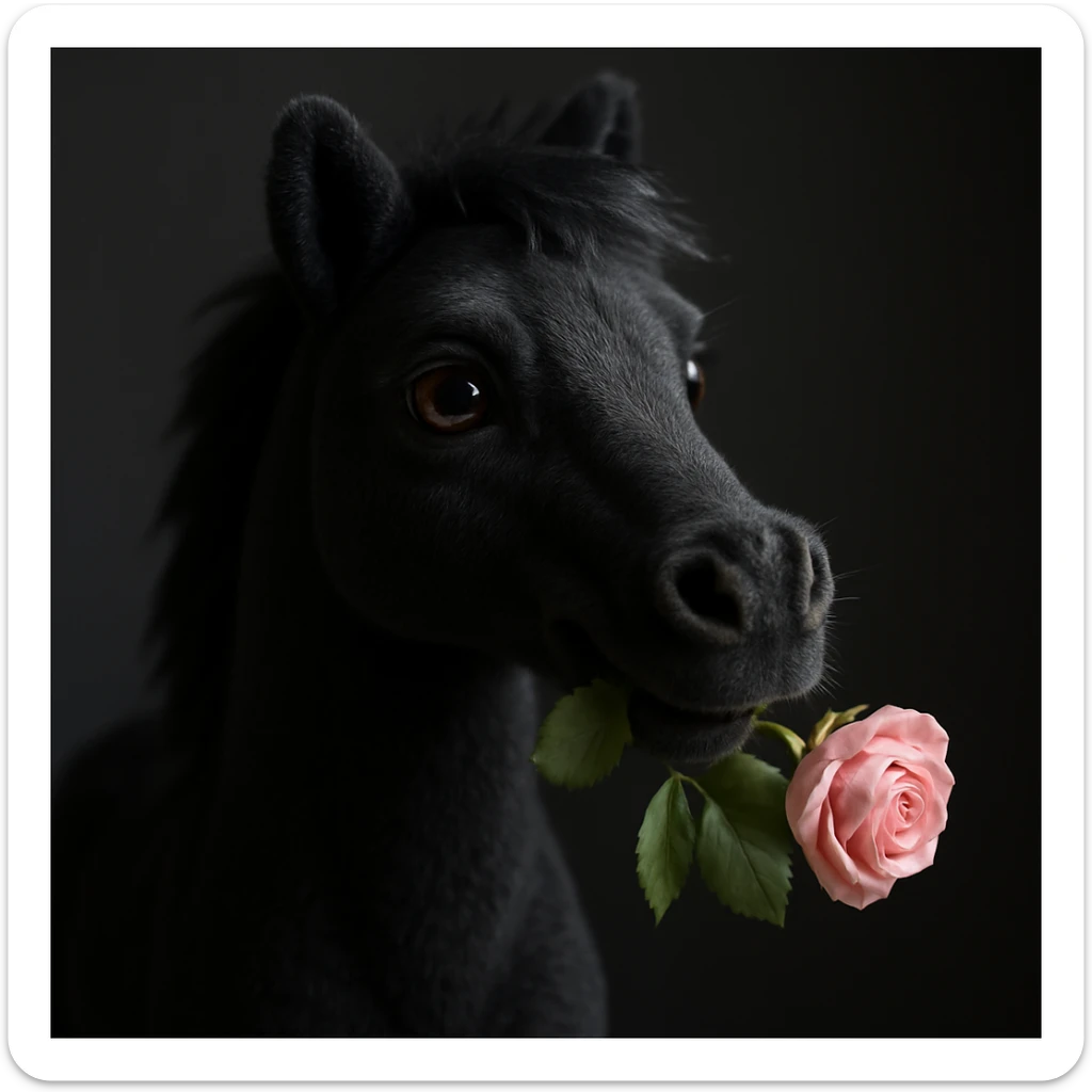 Make the horse black, keep the rose in its mouth, realistic style with soft colors. sticker