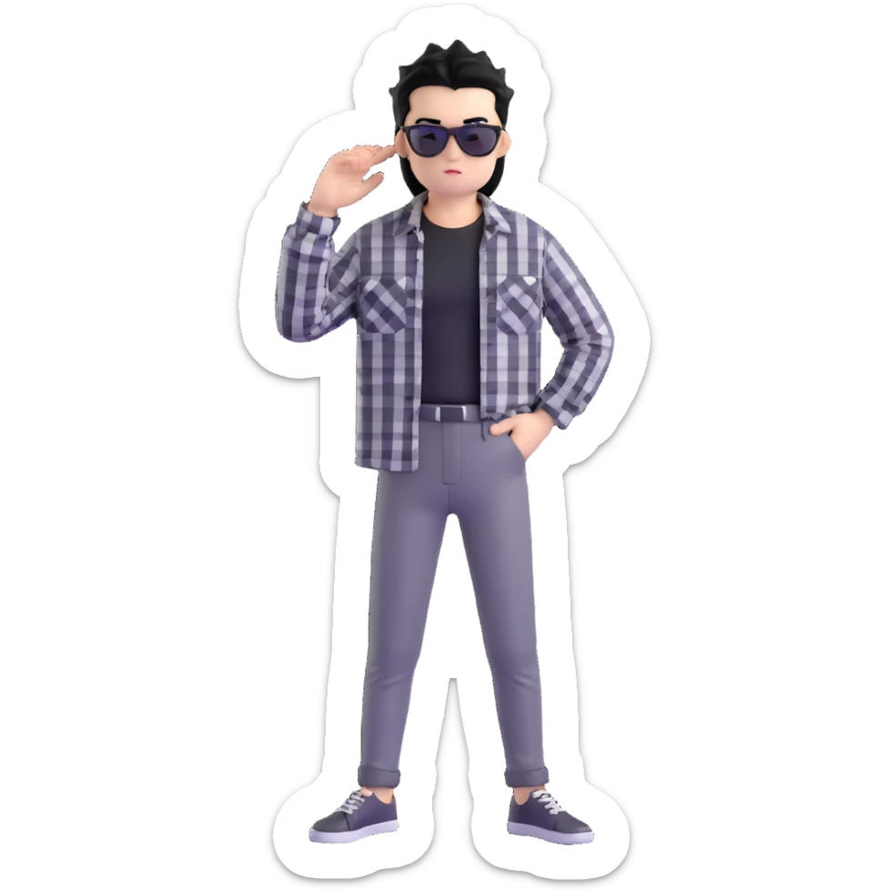 Satoru Gojo from Jujutsu Kaisen with spiky black hair, wearing black and white checkered shirt, black pants, confident expression, sunglasses on top of head sticker