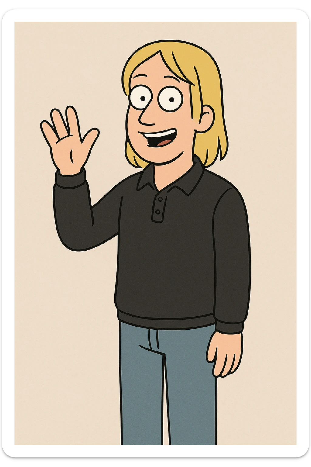 A man straight hair yellow hair Long Sleeve Pique Polo Shirt black lights blue jeans a hand say hello sticker