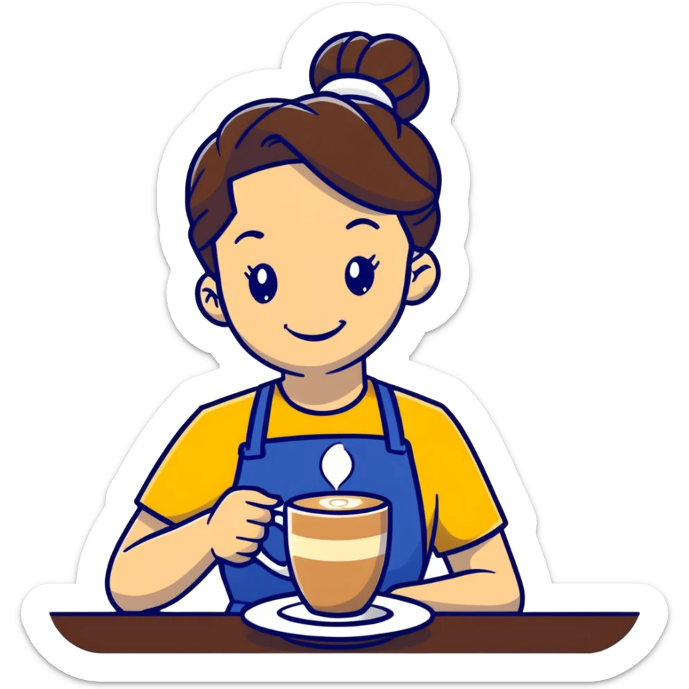 Cute brunette barista girl with hair in a bun wearing yellow shirt and dark blue apron, she's relaxed and making latte art, smiling at the coffee cup sticker