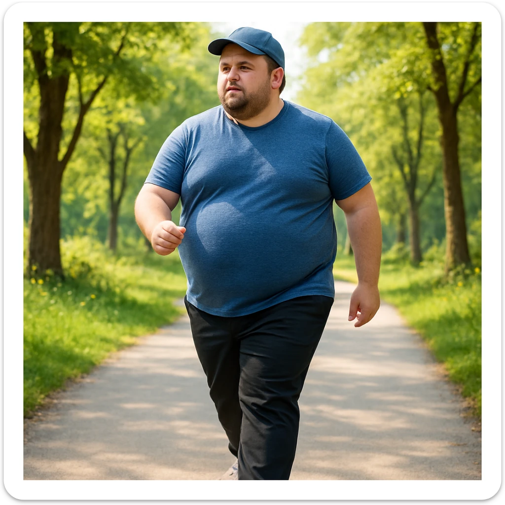 uomo grasso sedentario, che fa passi giornalieri per la sua salute fisica sticker